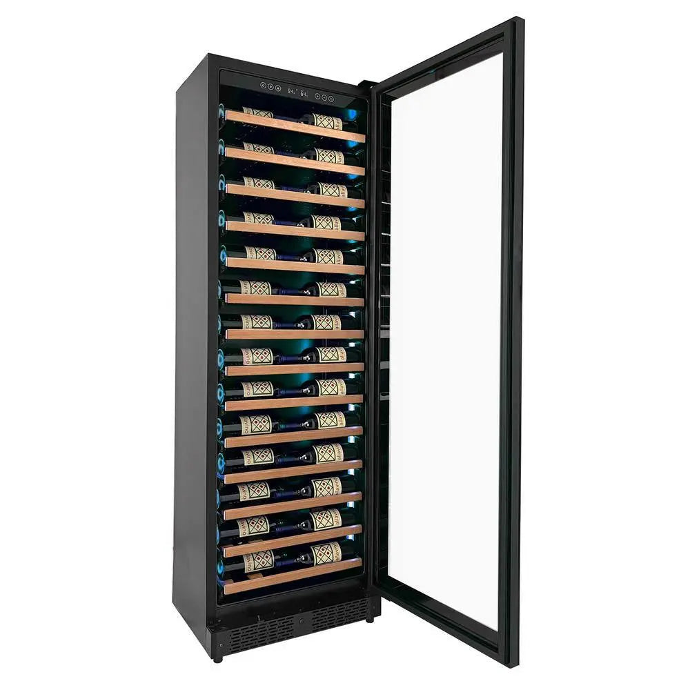 67-Bottle 71 In. Tall Single Zone Right Hinge Digital Wine Cellar Cooling Unit in Black with Wood Front Shelves | Fridge.com