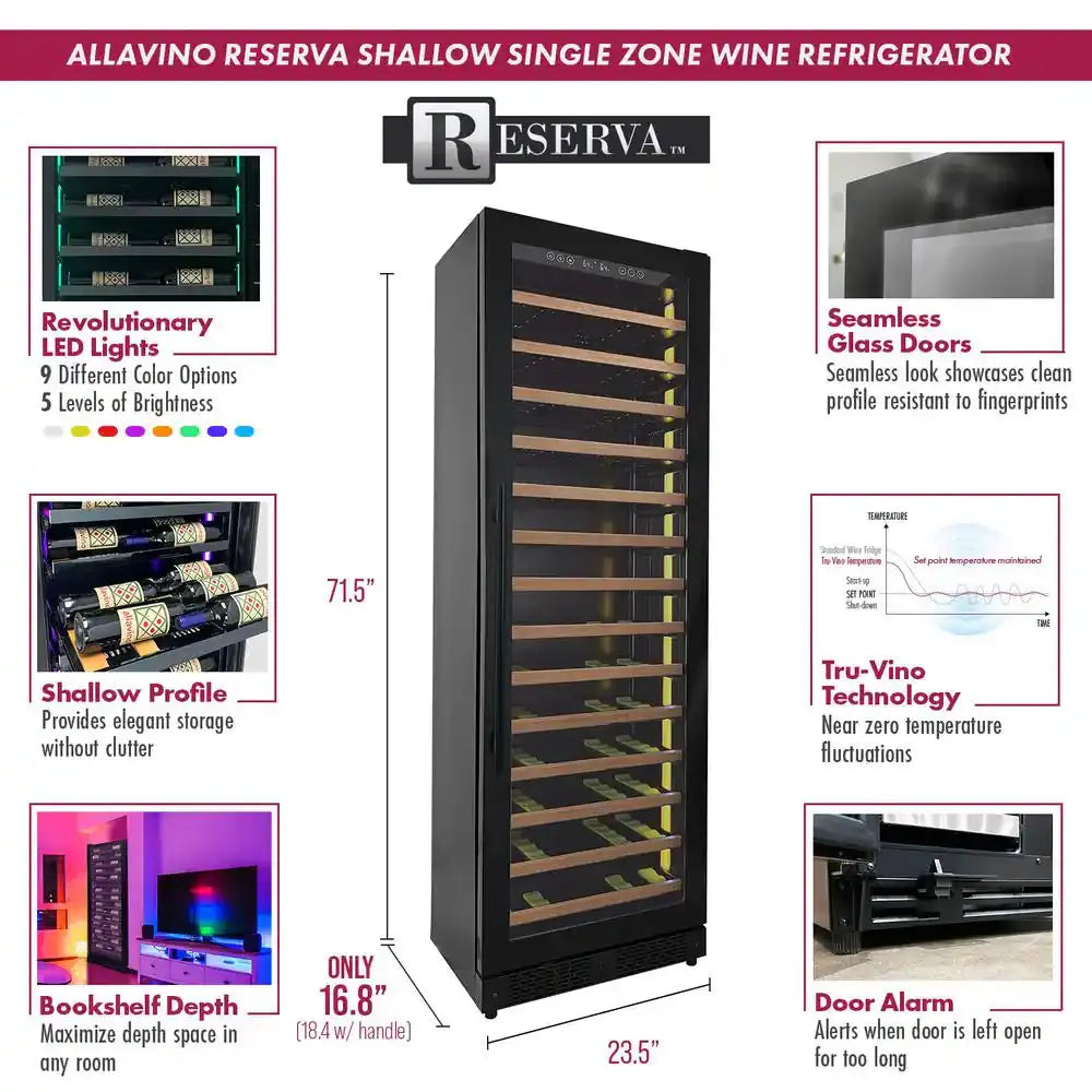 67-Bottle 71 In. Tall Single Zone Right Hinge Digital Wine Cellar Cooling Unit in Black with Wood Front Shelves | Fridge.com