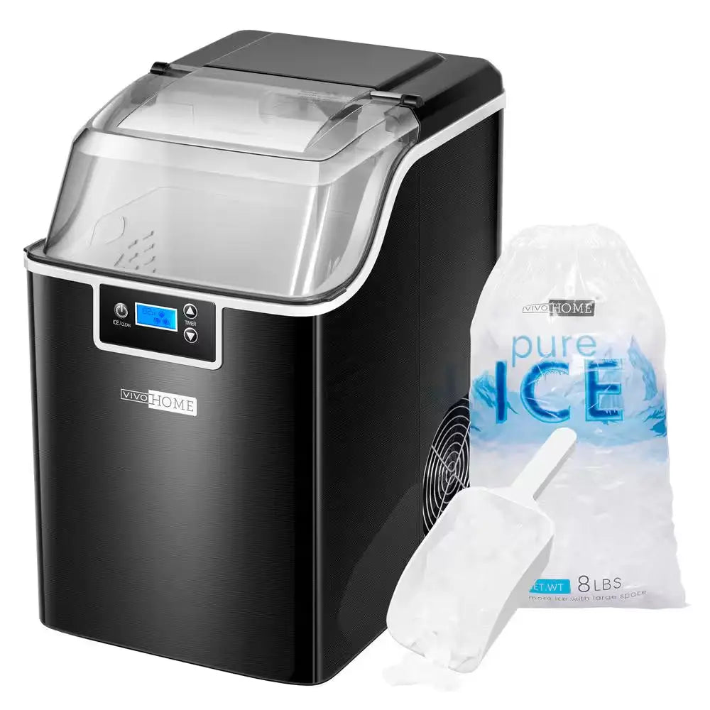 9.4 In. 44 Lbs. Electric Chewable Nugget Cube Portable Ice Maker in Black with Hand Scoop and 10 Ice Bags | Fridge.com