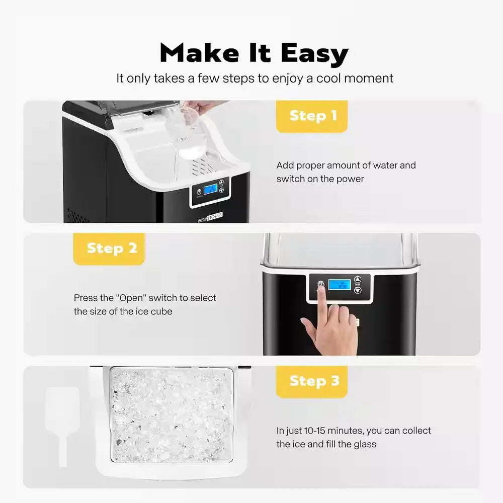 9.4 In. 44 Lbs. Electric Chewable Nugget Cube Portable Ice Maker in Black with Hand Scoop and 10 Ice Bags | Fridge.com