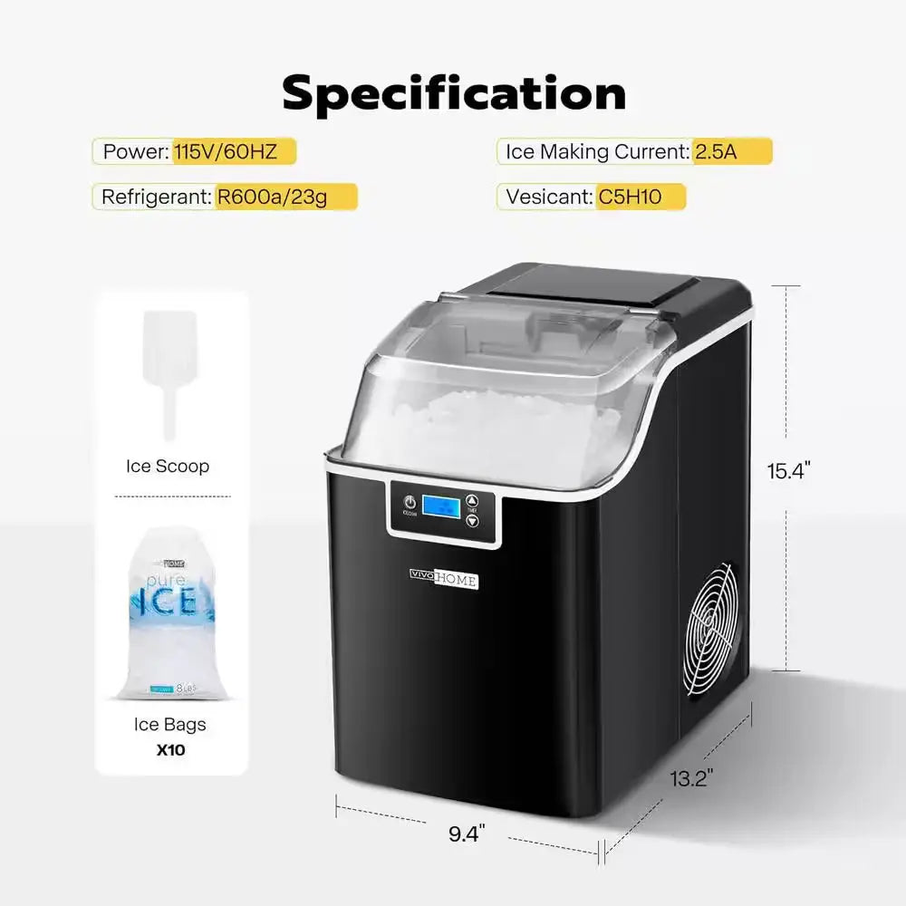 9.4 In. 44 Lbs. Electric Chewable Nugget Cube Portable Ice Maker in Black with Hand Scoop and 10 Ice Bags | Fridge.com