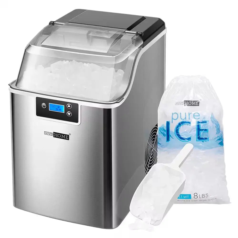 9.4 In. 44 Lbs. Electric Chewable Nugget Cube Portable Ice Maker in Silver with Hand Scoop and 10 Ice Bags | Fridge.com