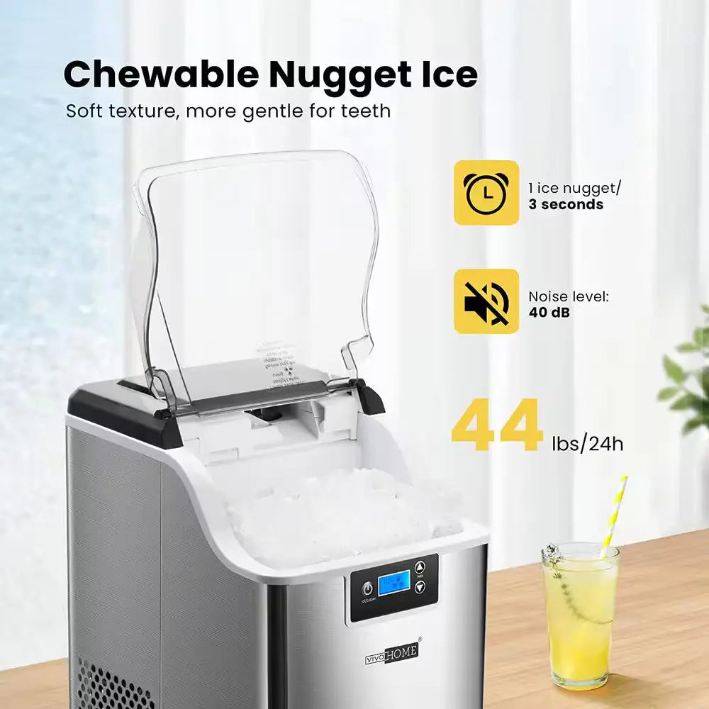 9.4 In. 44 Lbs. Electric Chewable Nugget Cube Portable Ice Maker in Silver with Hand Scoop and 10 Ice Bags | Fridge.com