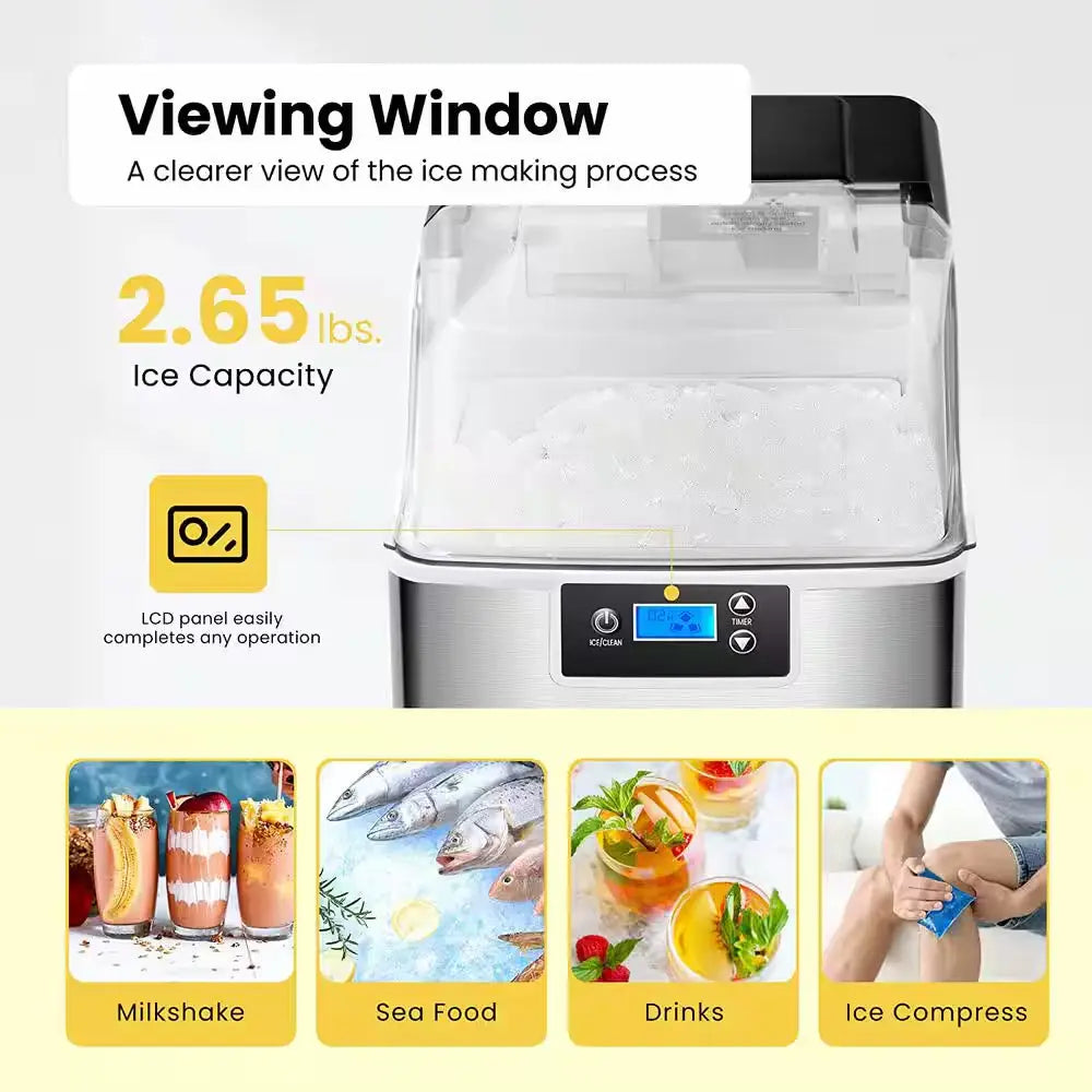 9.4 In. 44 Lbs. Electric Chewable Nugget Cube Portable Ice Maker in Silver with Hand Scoop and 10 Ice Bags | Fridge.com