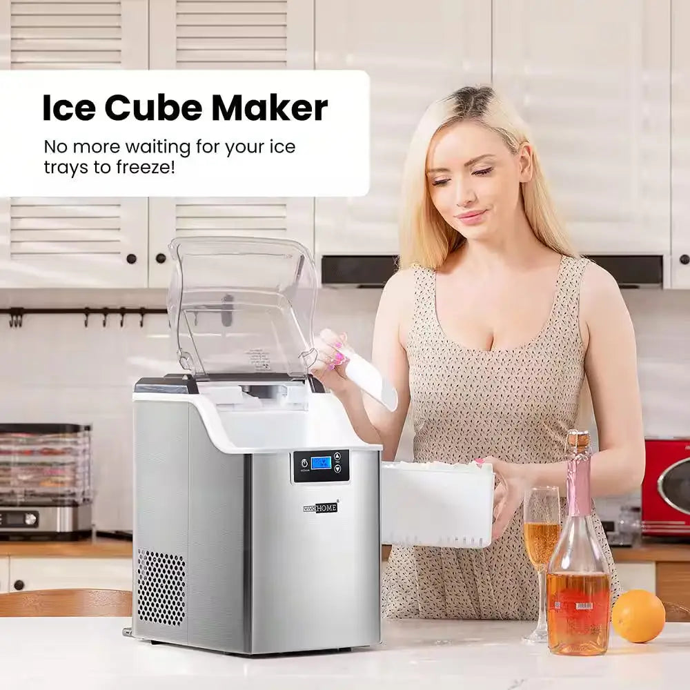 9.4 In. 44 Lbs. Electric Chewable Nugget Cube Portable Ice Maker in Silver with Hand Scoop and 10 Ice Bags | Fridge.com