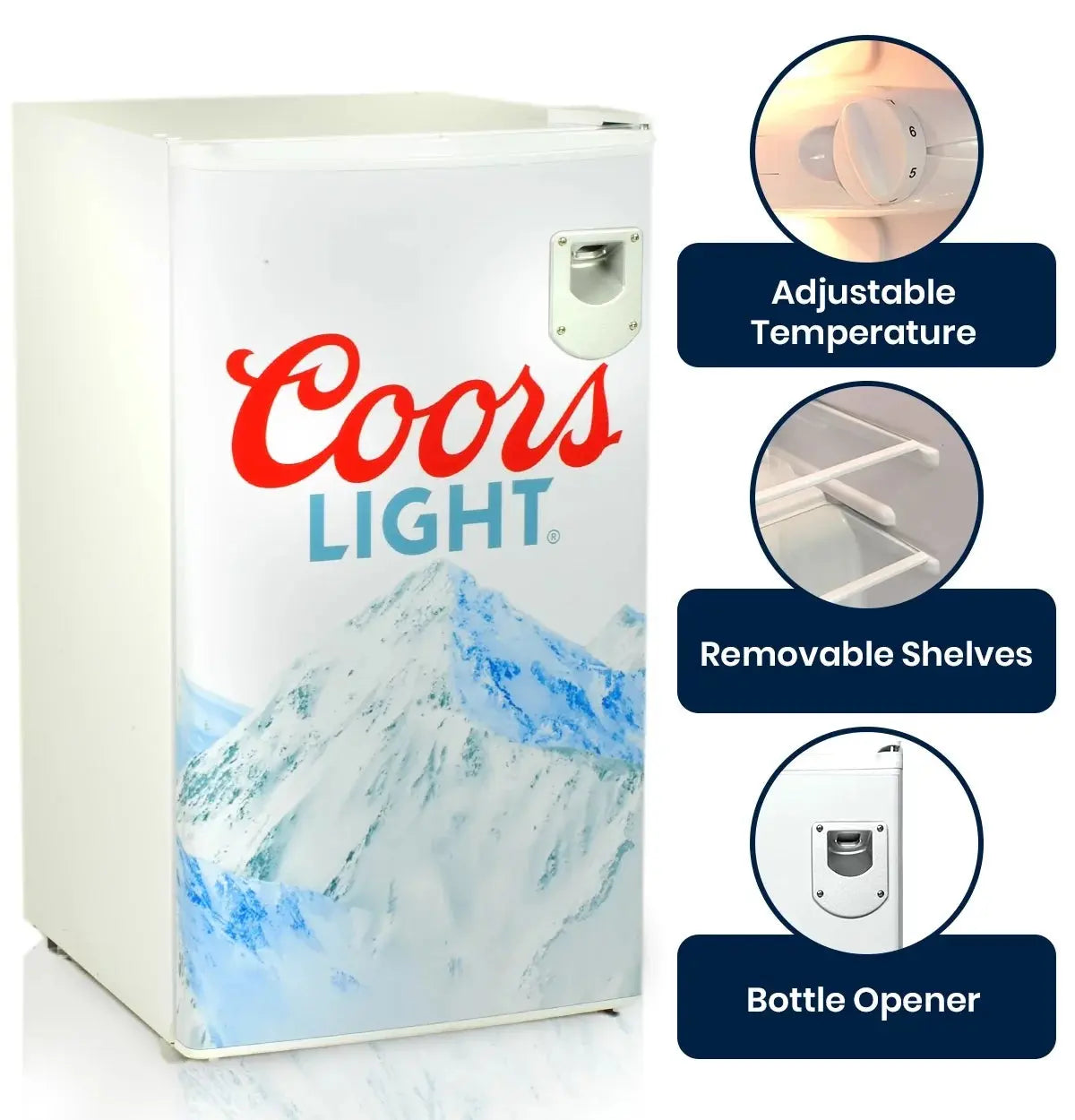 Coors Light Compact Fridge with Bottle Opener, 90 L/ 95 Quart 3.2 Cubic Foot for Snacks, Beverages, Juice, Beer, Den, Dorm, Office, Games Room, or RV | Fridge.com