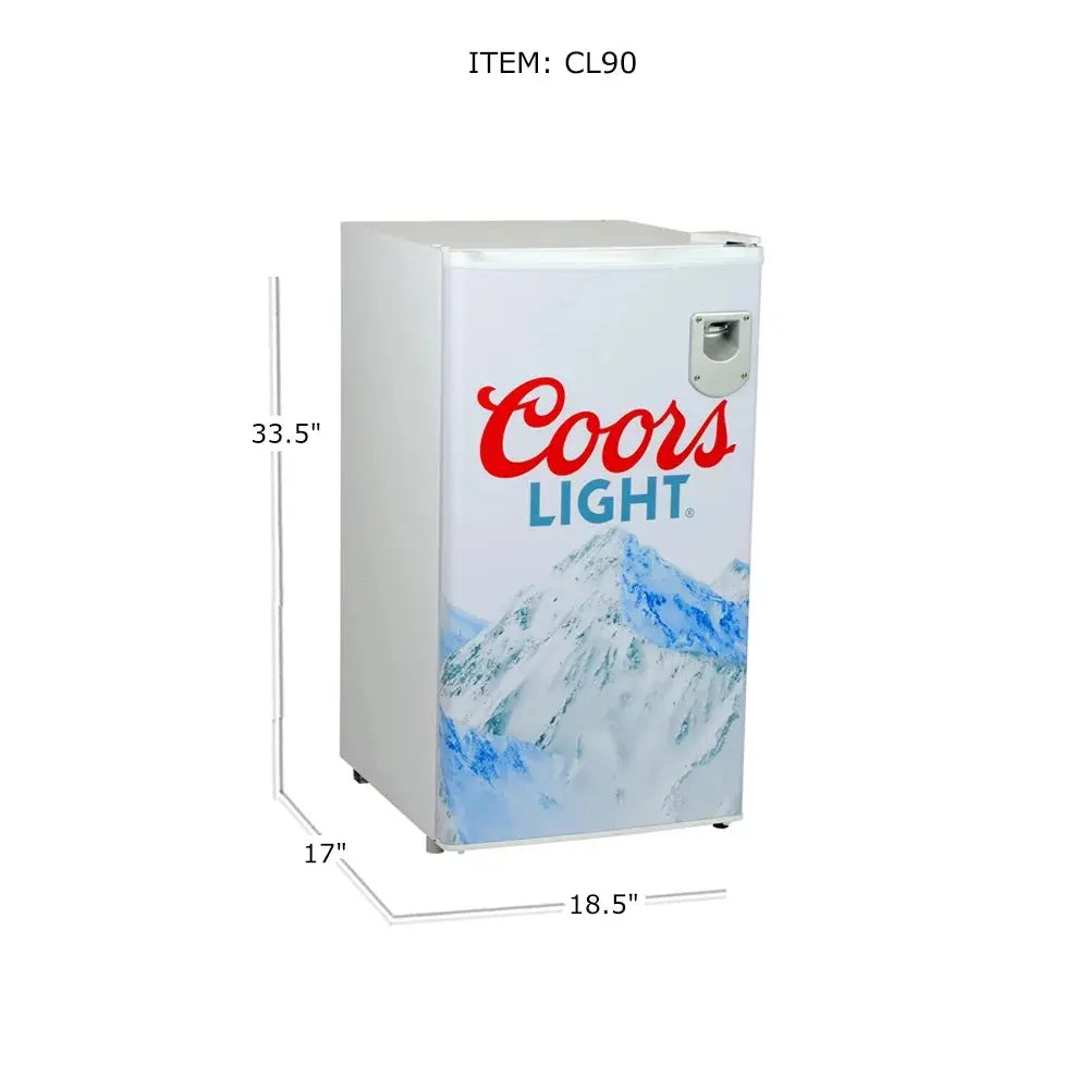 Coors Light Compact Fridge with Bottle Opener, 90 L/ 95 Quart 3.2 Cubic Foot for Snacks, Beverages, Juice, Beer, Den, Dorm, Office, Games Room, or RV | Fridge.com