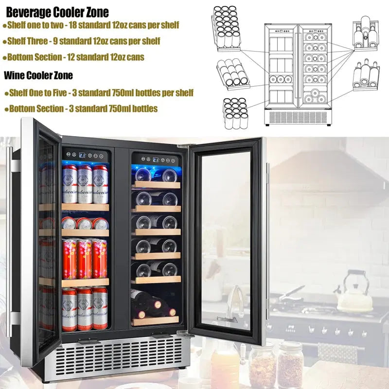 Aaobosi 23.43'' 19 Bottle and 57 Can Dual Zone Wine & Beverage Refrigerator | Fridge.com