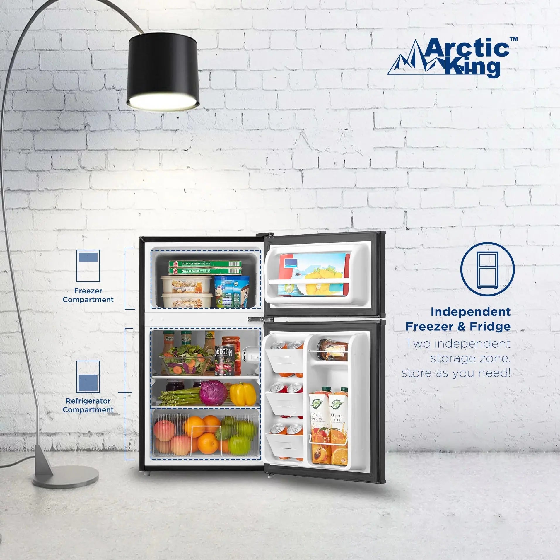 Arctic King 3.2 Cu ft Two Door Mini Fridge with Freezer, Stainless Steel, E-Star | Fridge.com