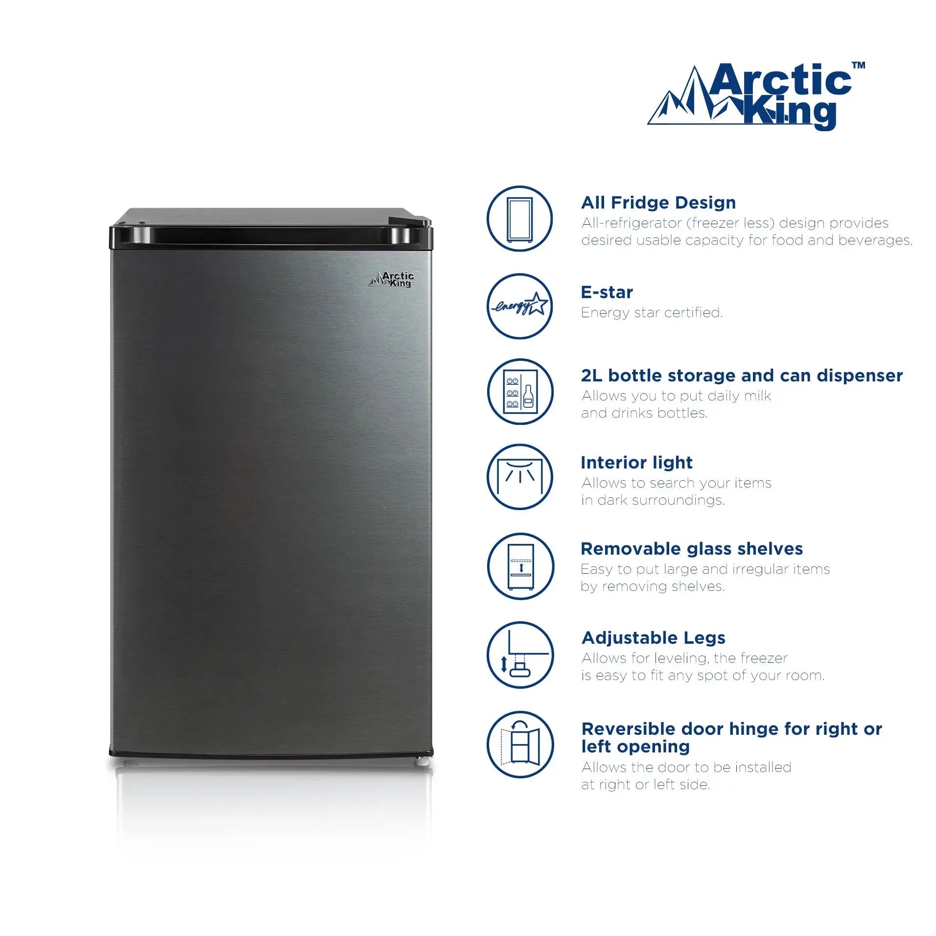 Arctic King 4.4 Cu Ft One-Door No Freezer Mini Fridge, Black Stainless Steel Look E-Star, ARM44A5ASL | Fridge.com