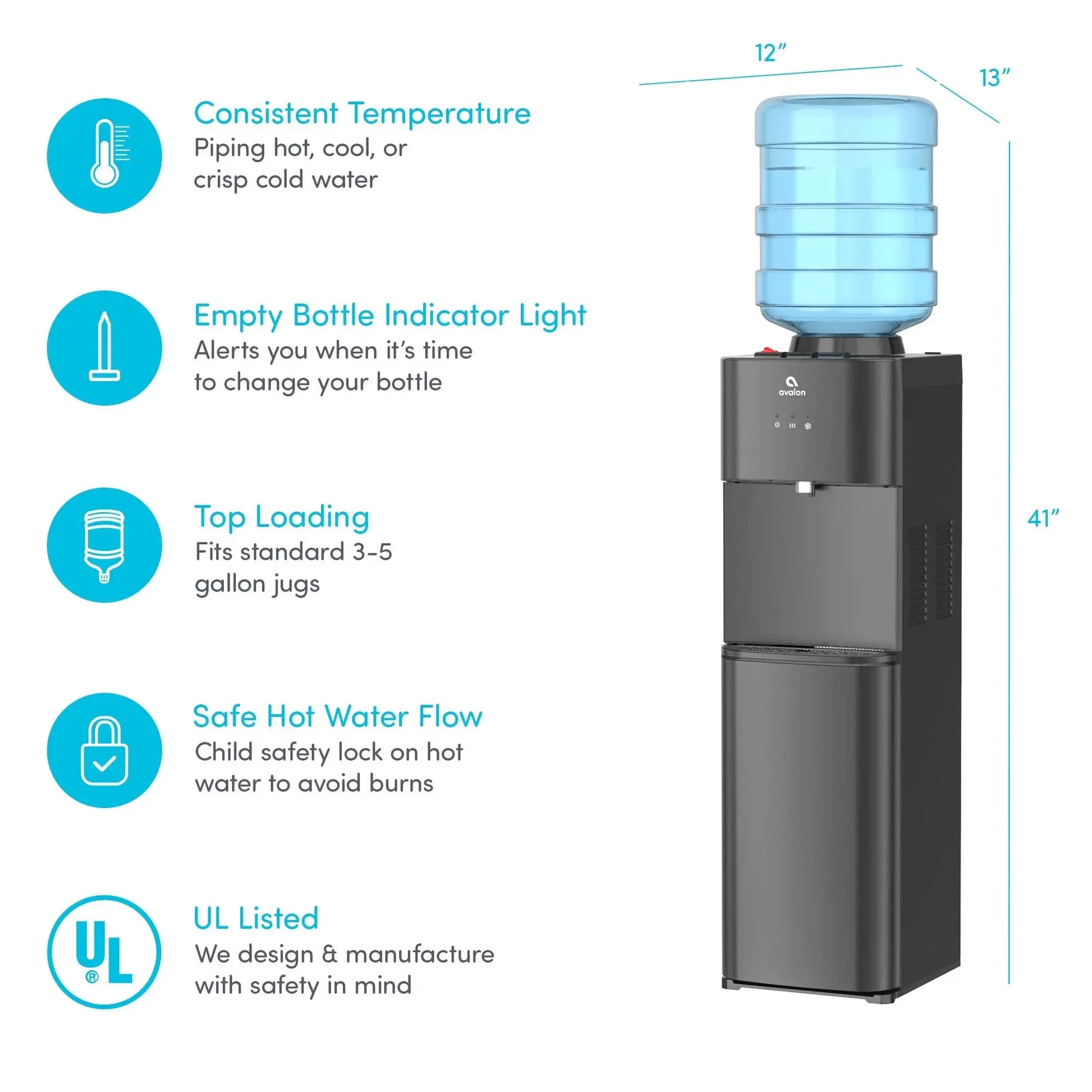 Avalon Top Loading Water Cooler Dispenser - 3 Temperature, Child Safety Lock, Innovative Design, UL Listed- Black Stainless Steel | Fridge.com