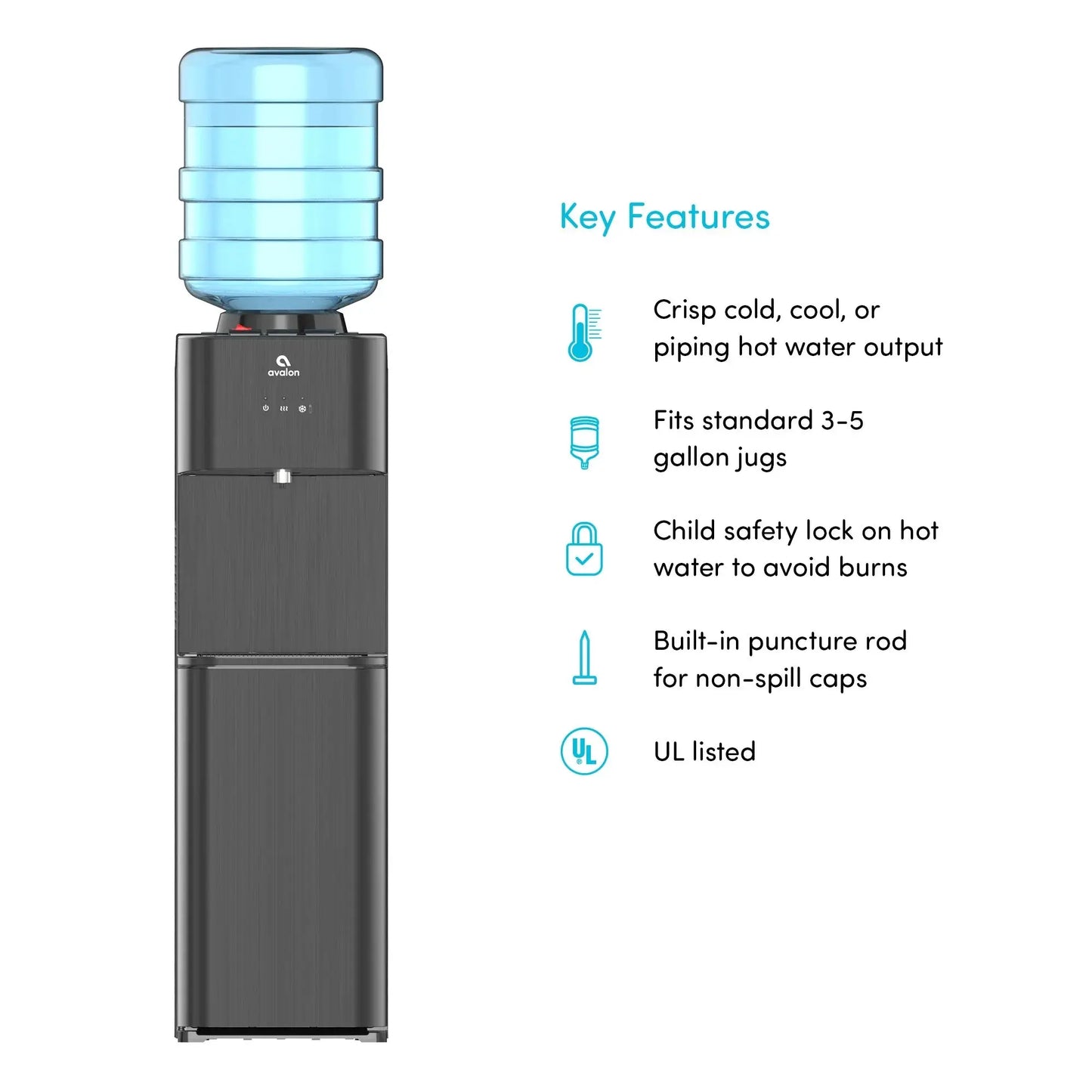 Avalon Top Loading Water Cooler Dispenser - 3 Temperature, Child Safety Lock, Innovative Design, UL Listed- Black Stainless Steel | Fridge.com