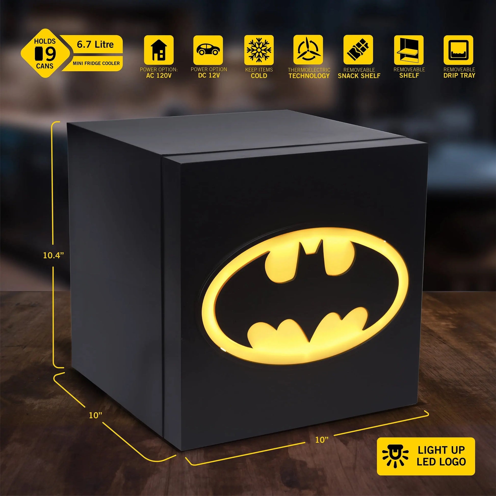 Batman Black Cooler Mini Fridge 6.7L Single Lightup Logo Door 9 Can ACDC | Fridge.com