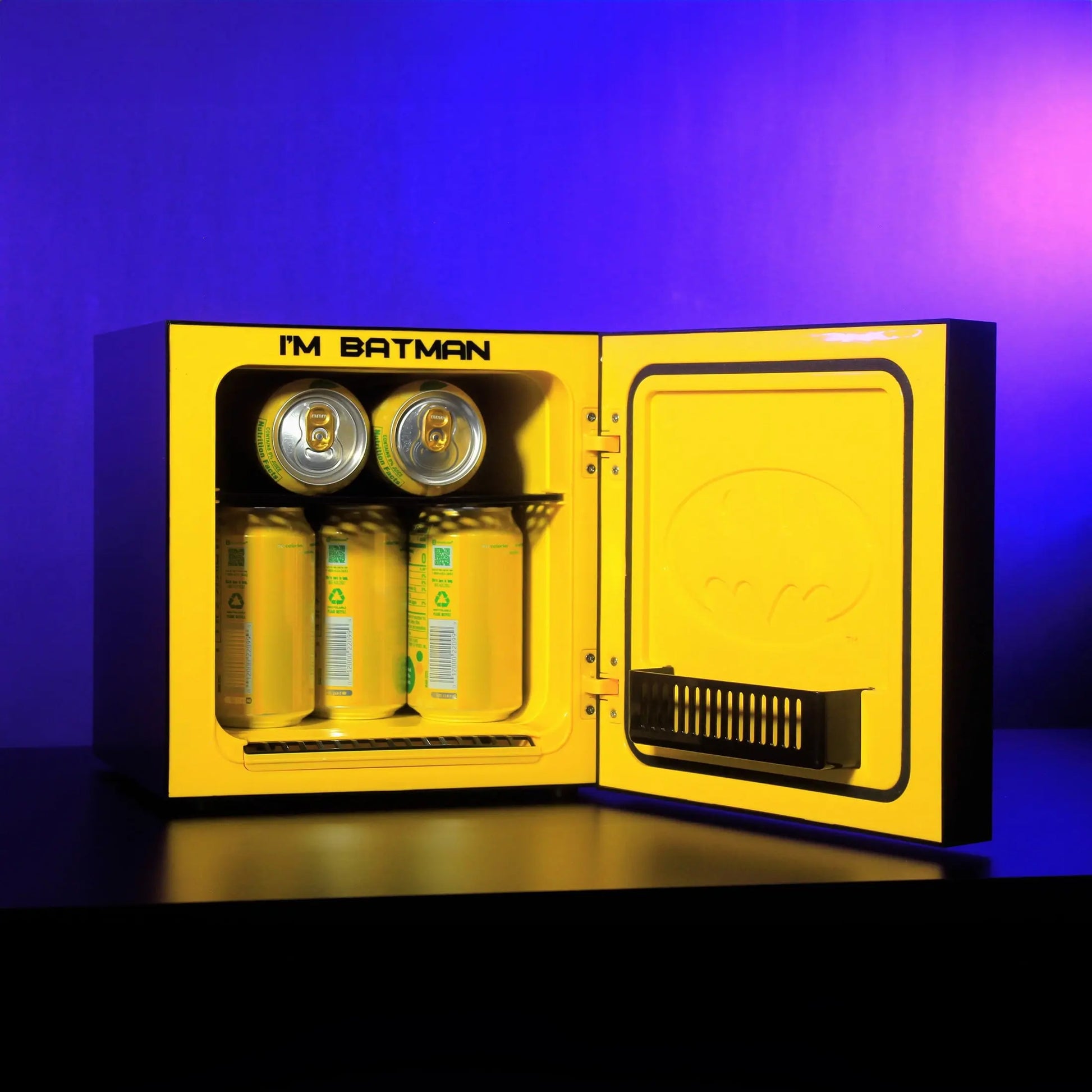 Batman Black Cooler Mini Fridge 6.7L Single Lightup Logo Door 9 Can ACDC | Fridge.com