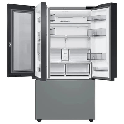 Bespoke 3-Door French Door Refrigerator (30 Cu. Ft.)  with Top Left and Family Hub Panel - Glass Bottom Door Panel | Fridge.com