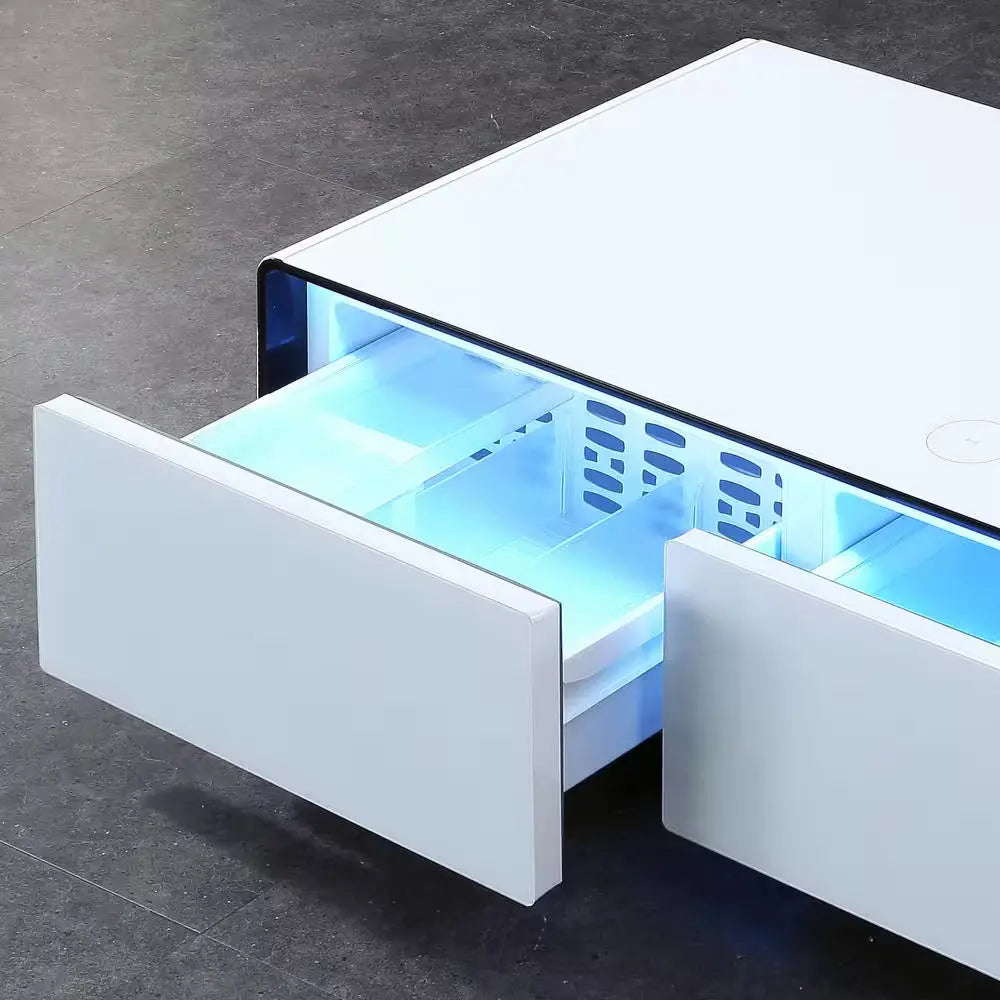 Bluetooth Coffee Table Fridge 27 In. 25 Cu. Ft. Retro Mini Refrigerator in White Tempered Glass Table Top, Back Storage | Fridge.com