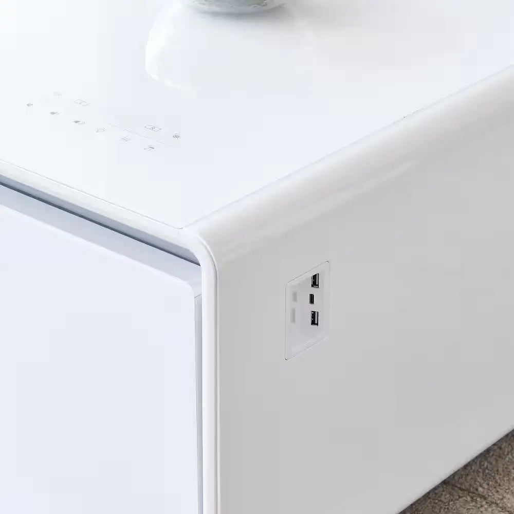 Bluetooth Coffee Table Fridge 27 In. 25 Cu. Ft. Retro Mini Refrigerator in White Tempered Glasstable Top and Back Screen | Fridge.com