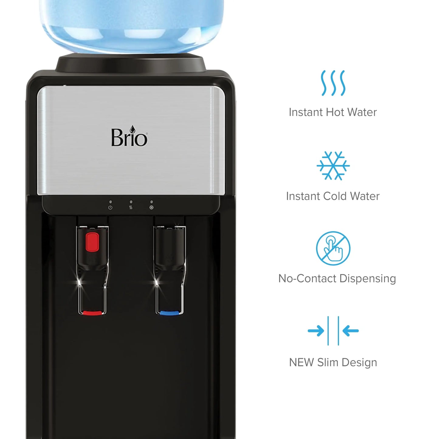 Brio 300 Series Slimline Top-Load Water Dispenser for 3 & 5 Gallon Bottles, Paddle Dispensing, Hot & Cold, LED Indicator Lights, Stainless Steel | Fridge.com