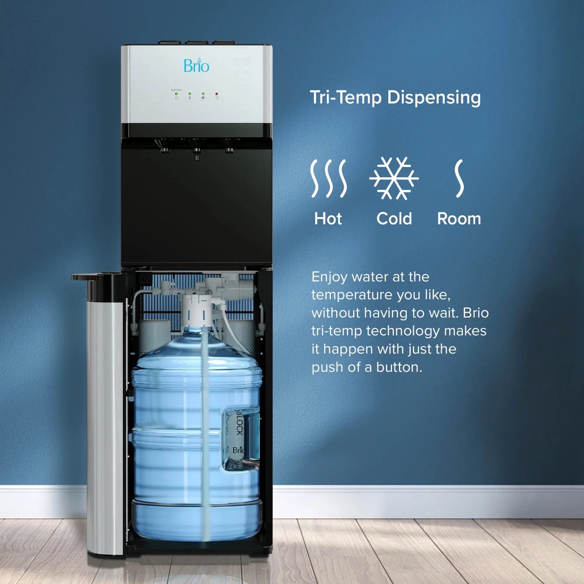 Brio 520 Series Self-Cleaning Bottom Loading No-Line Tri-Temperature Ranging from 176-198 Degrees Hot, 37-59 Degrees Cold and Room Temperature 2 Stage Filtration Capacity Water Cooler Dispenser | Fridge.com