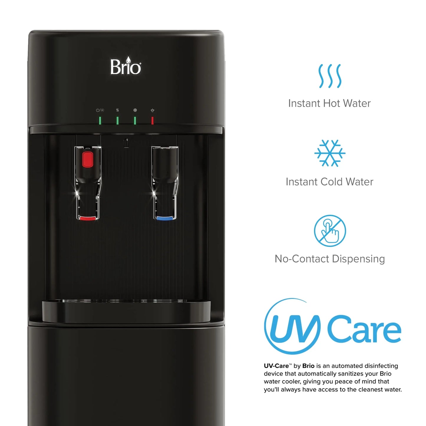 Brio Bottleless Water Dispenser with 3-Stage Filtration, Self-Cleaning, Paddle Dispensing, Hot & Cold, LED Indicator Lights, Black | Fridge.com