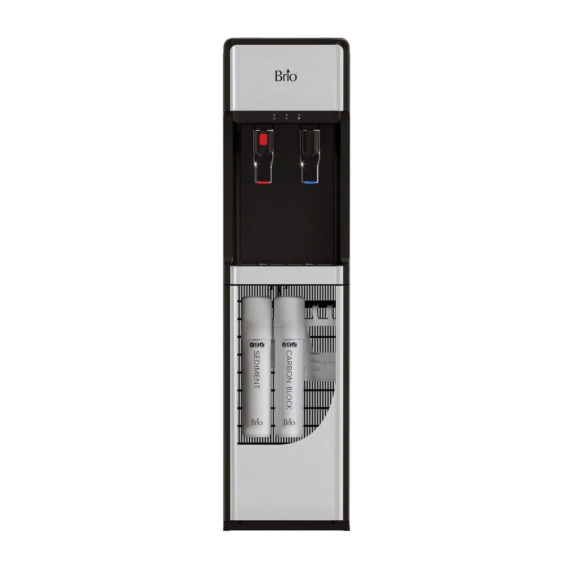 Brio Slimline Bottleless Water Dispenser with 2-Stage Filtration, Paddle Dispensing, Hot & Cold, 2 Extra Filters Included, Stainless Steel | Fridge.com