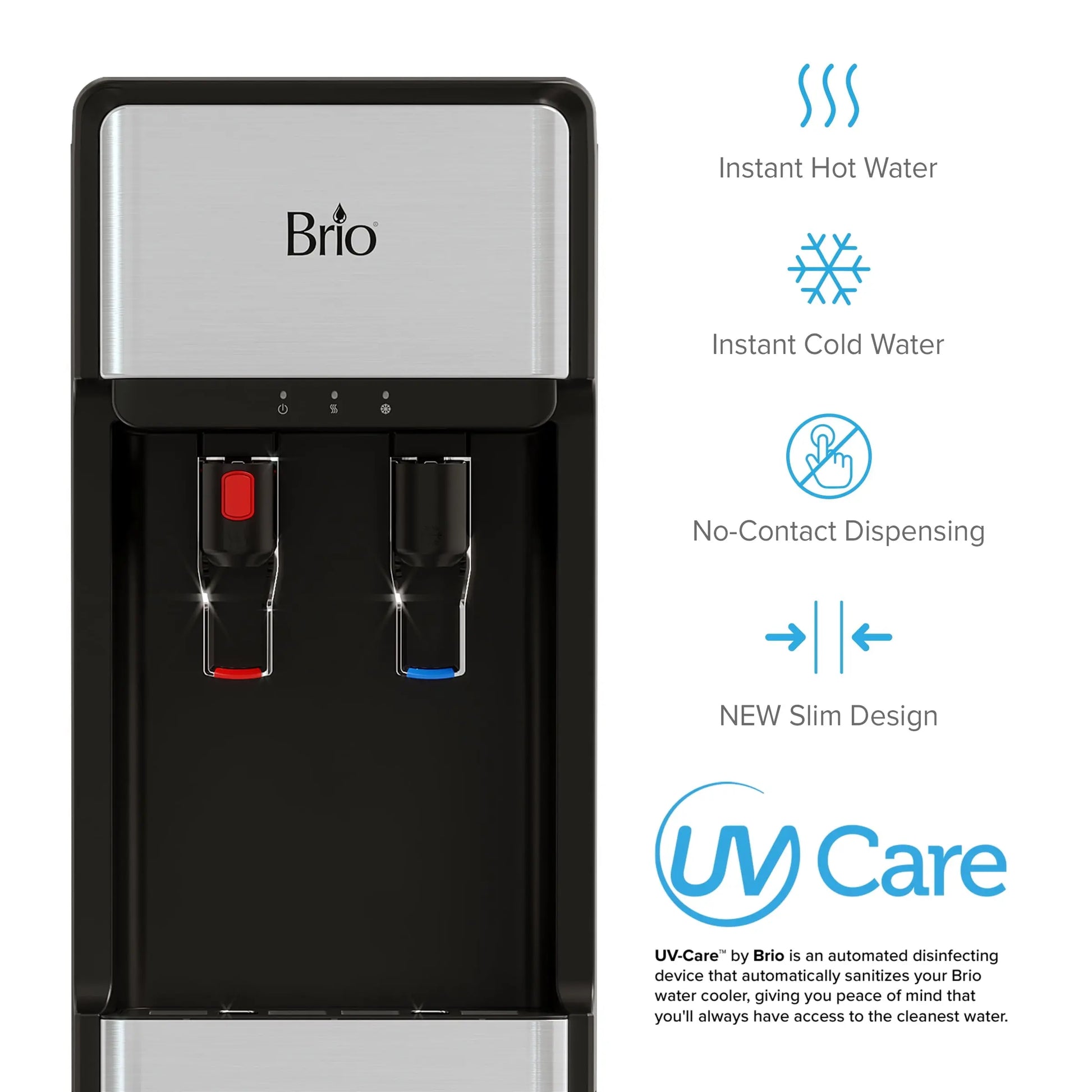 Brio Slimline Bottleless Water Dispenser with 2-Stage Filtration, Paddle Dispensing, Hot & Cold, 2 Extra Filters Included, Stainless Steel | Fridge.com