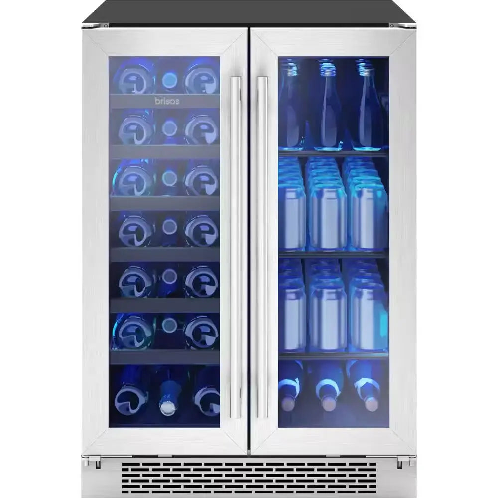 Brisas 24 In. 21-Bottle Wine and 64-Can Dual Zone under Counter Beverage Cooler in Stainless and Glass | Fridge.com