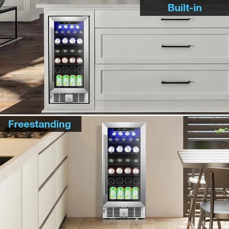 33.8'' H X 14.9'' W X 25.8'' D 56 Cans (12 Oz.) Freestanding/Built-In Beverage Cooler with 17 Bottle Wine Storage | Fridge.com