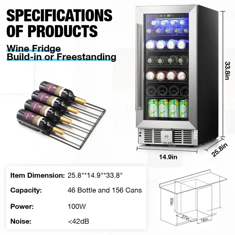 33.8'' H X 14.9'' W X 25.8'' D 56 Cans (12 Oz.) Freestanding/Built-In Beverage Cooler with 17 Bottle Wine Storage | Fridge.com