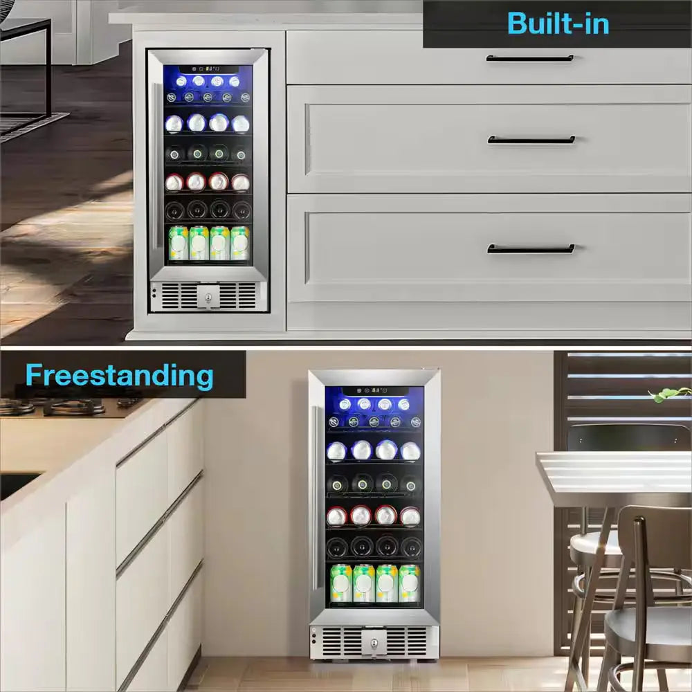 14.9 In. W 46 Bottle or 156 Can, Single Zone Freestanding/Built-In Beverage & Wine Cooler in Black & Silver | Fridge.com