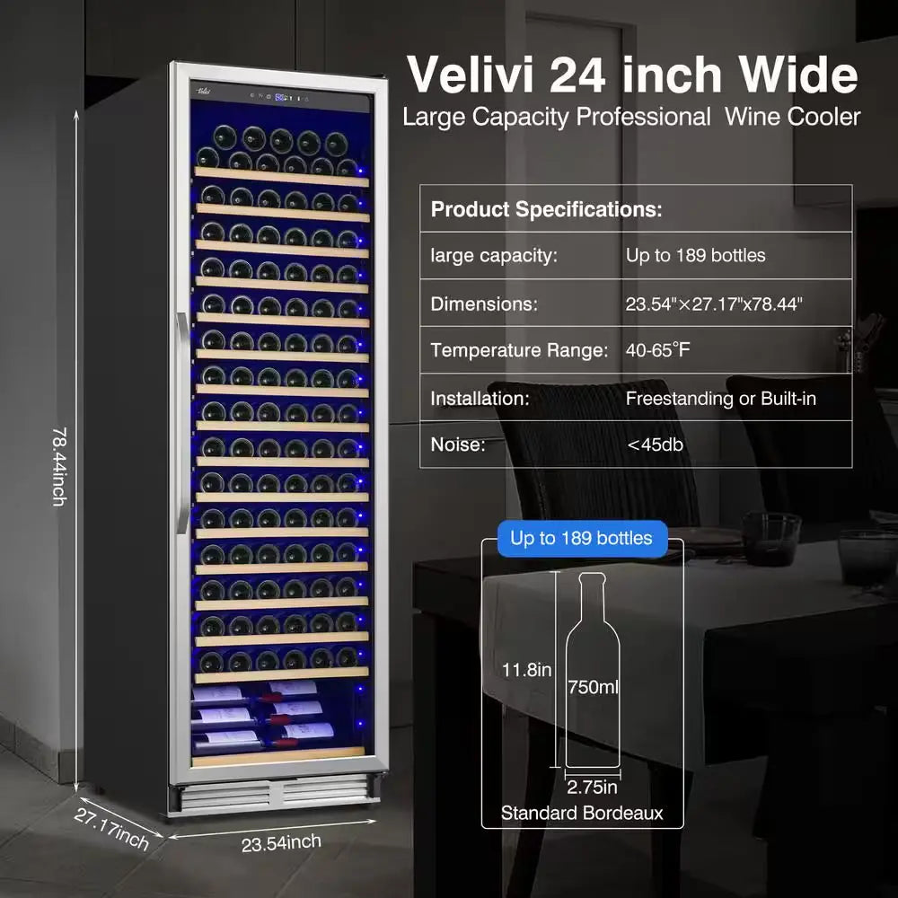 Cellar Cooling Unit 24 In. Single Zone 189-Bottle Built-In or Freestanding Wine Cooler with Door Lock, Stainless Steel | Fridge.com