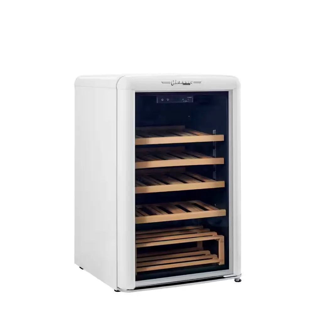 Classic Retro 21 In. 28-Bottle Single Zone Retro Free Standing Wine Cooler in Marshmallow White | Fridge.com