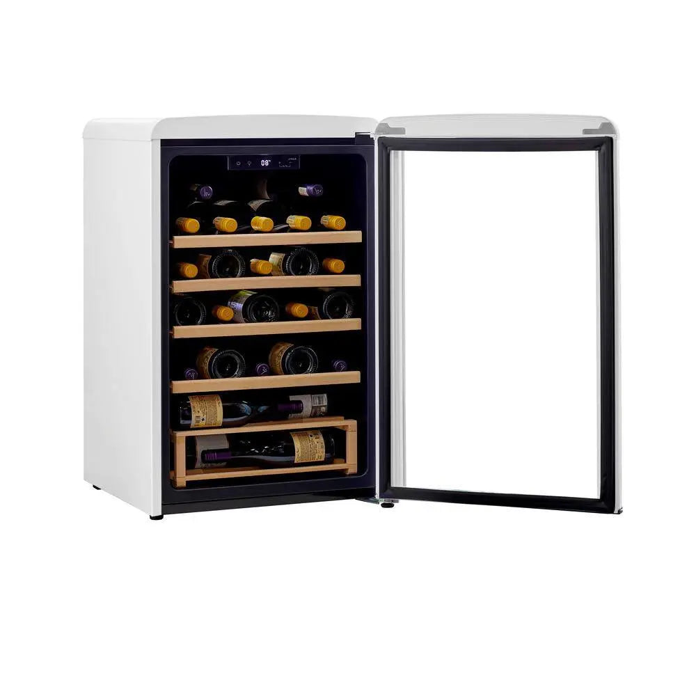 Classic Retro 21 In. 28-Bottle Single Zone Retro Free Standing Wine Cooler in Marshmallow White | Fridge.com