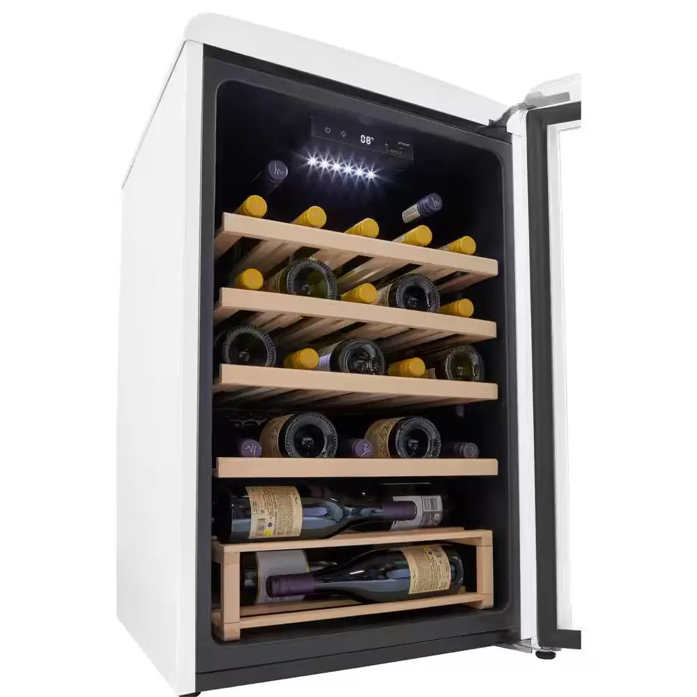 Classic Retro 21 In. 28-Bottle Single Zone Retro Free Standing Wine Cooler in Marshmallow White | Fridge.com