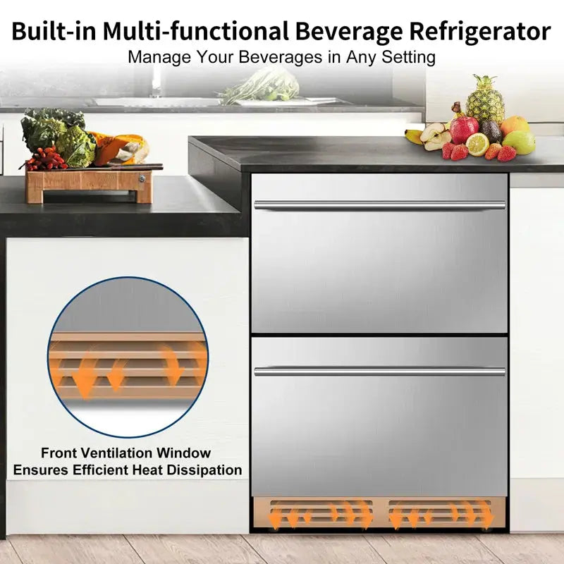 Classic Series 24" Beverage Refrigerator Drawer Cooler with LED Light Lighting and 2 Grid Organizer | Fridge.com