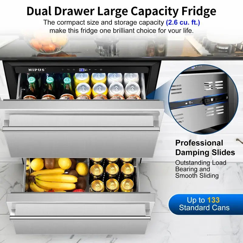 Classic Series 24" Beverage Refrigerator Drawer Cooler with LED Light Lighting and 2 Grid Organizer | Fridge.com