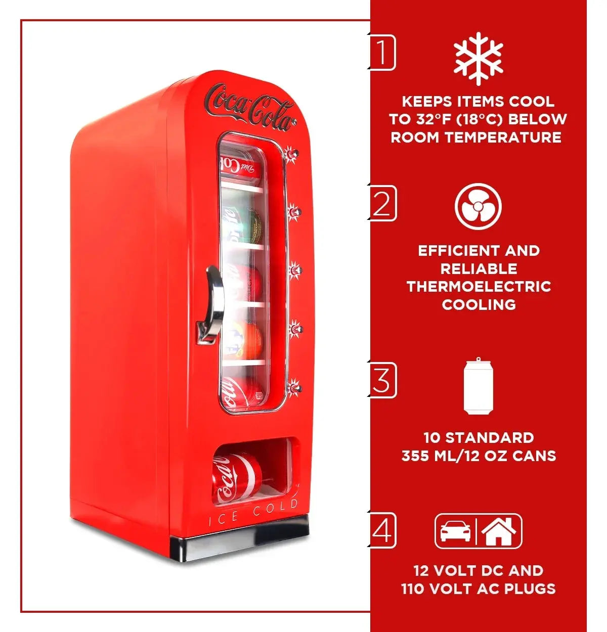 Coca-Cola 10 Can Retro Vending Machine Mini Cooler Display Window, Portable Refrigerator, Red | Fridge.com