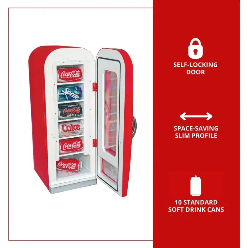 Coca-Cola Vending Machine Mini Fridge 12V DC 110V AC 10 Can Cooler, Red | Fridge.com