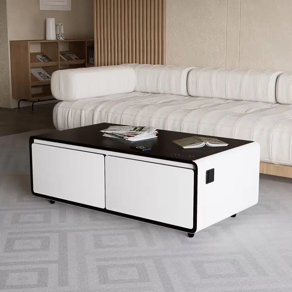 Coffee Table Fridge 27 In. 25 Cu. Ft. Retro Mini Refrigerator in White+Black, Bluetooth Speaker, Wireless Charging | Fridge.com