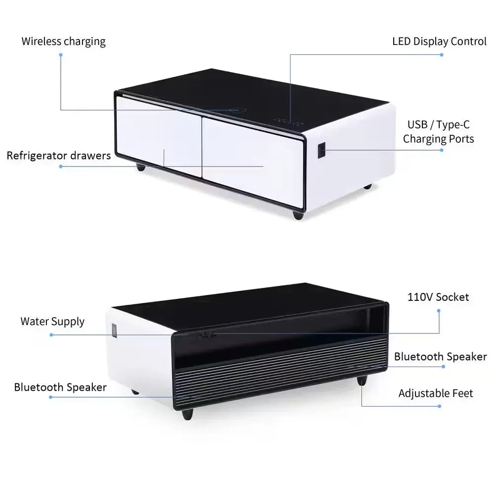 Coffee Table Fridge 27 In. 25 Cu. Ft. Retro Mini Refrigerator in White+Black, Bluetooth Speaker, Wireless Charging | Fridge.com