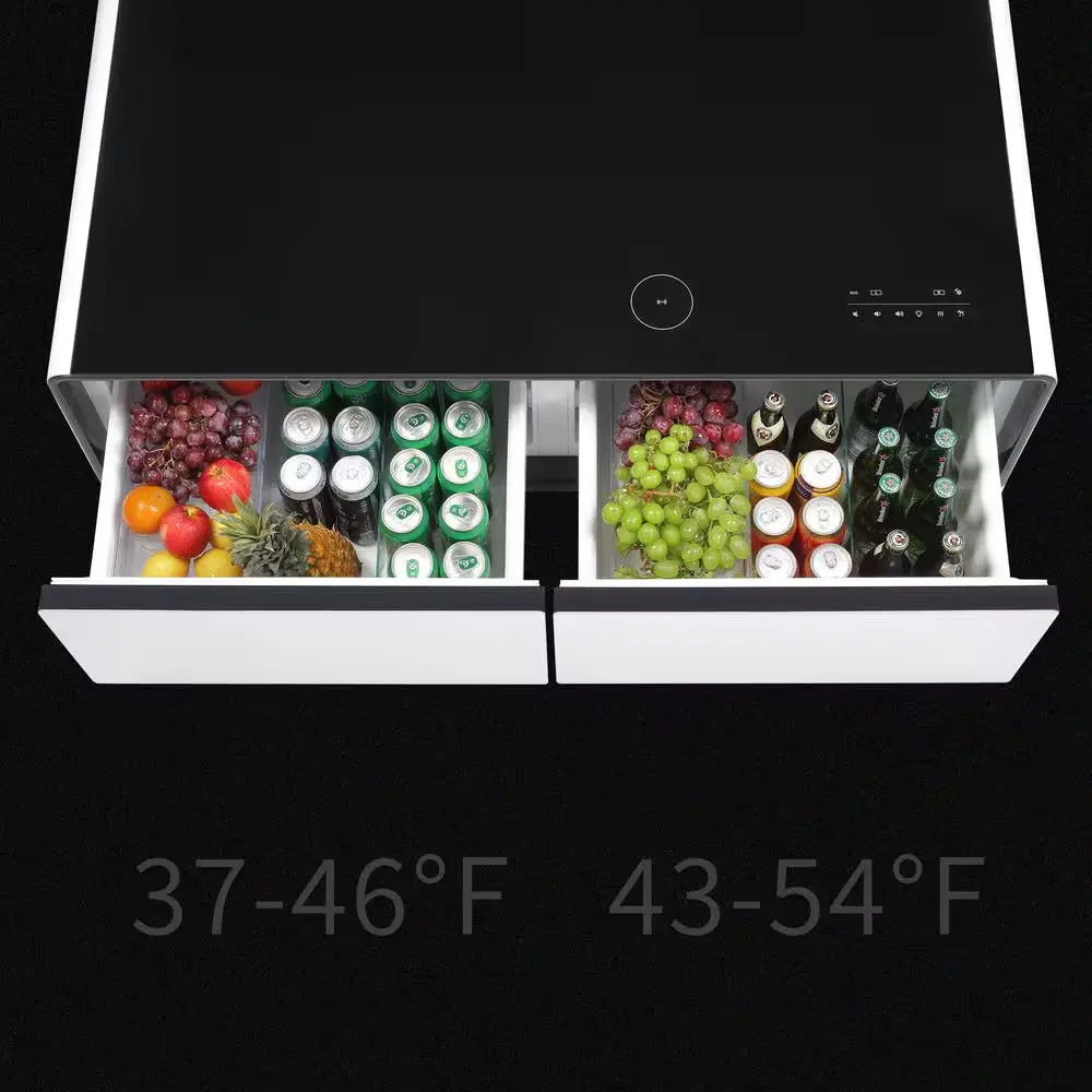 Coffee Table Fridge 27 In. 25 Cu. Ft. Retro Mini Refrigerator in White+Black, Bluetooth Speaker, Wireless Charging | Fridge.com