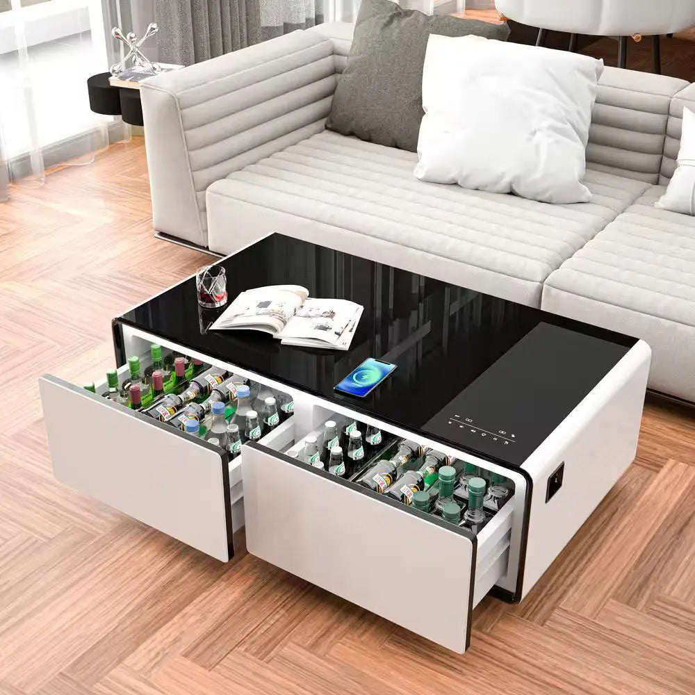 Coffee Table Fridge 27 In. 25 Cu. Ft. Retro Mini Refrigerator in White+Black, Bluetooth Speaker, Wireless Charging | Fridge.com