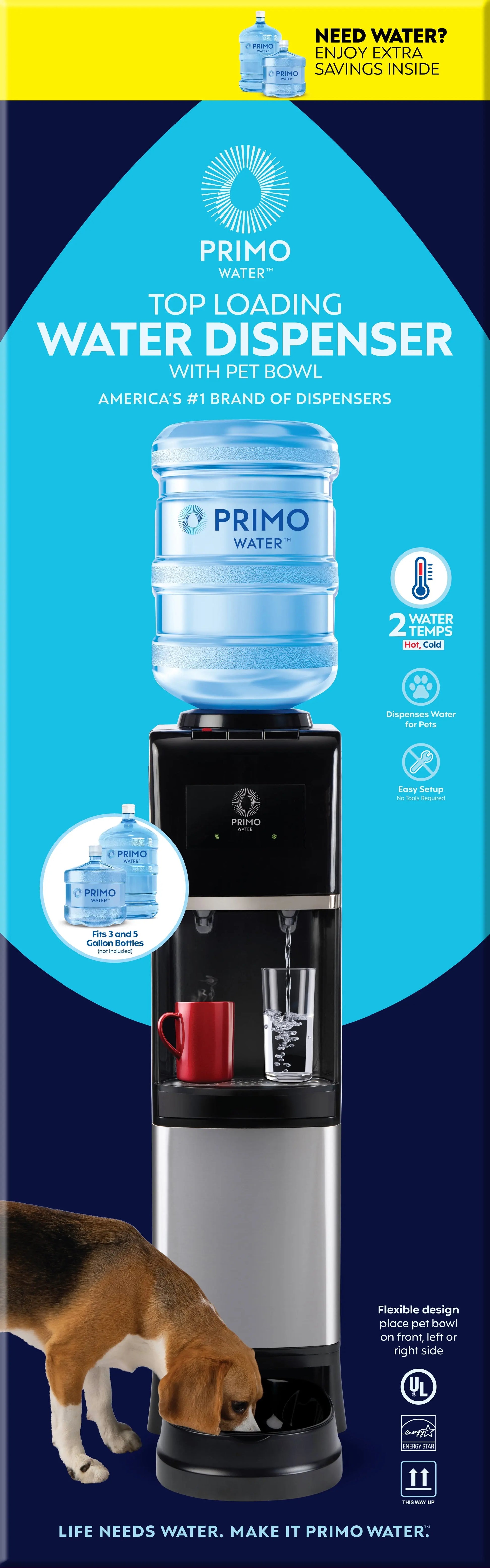 Primo® Water Pet Station Water Dispenser Top Loading, Hot/Cold Temperature, Black and Stainless Steel | Fridge.com