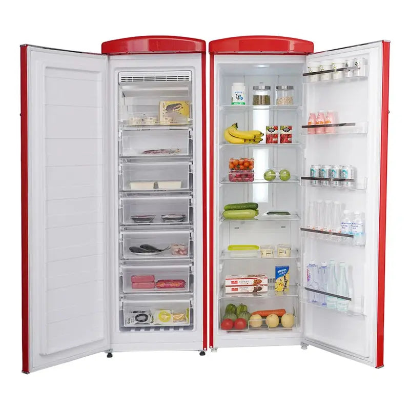 Conserv 8.3 Cu. Ft. Red Classic Retro Upright Freezer - 11 Cu. Ft. Classic Retro Refrigerator Set | Fridge.com