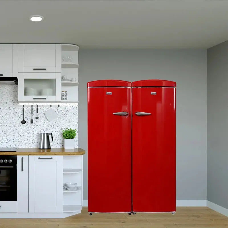 Conserv 8.3 Cu. Ft. Red Classic Retro Upright Freezer - 11 Cu. Ft. Classic Retro Refrigerator Set | Fridge.com