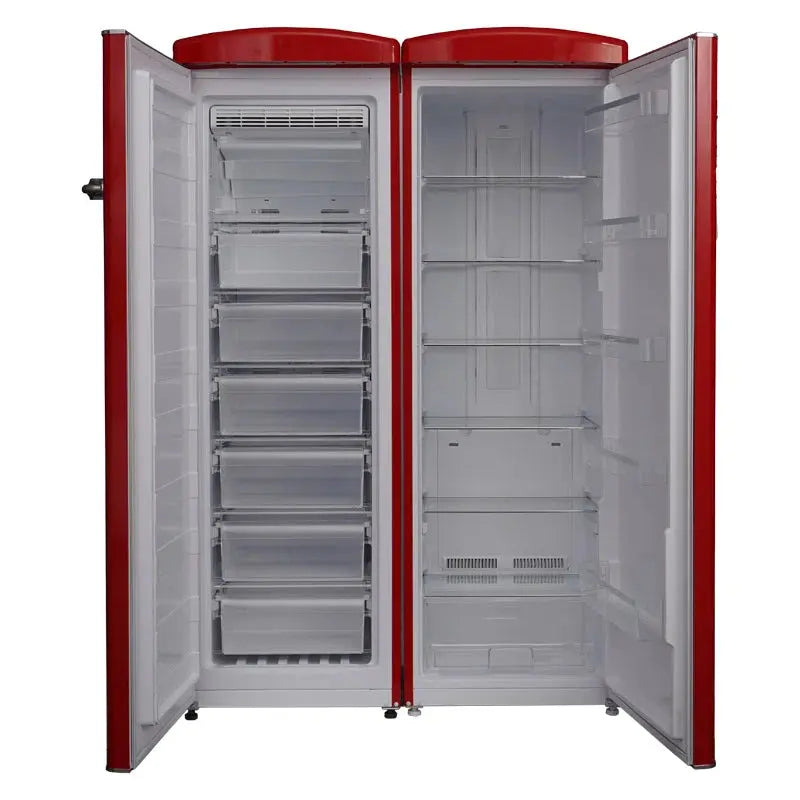 Conserv 8.3 Cu. Ft. Red Classic Retro Upright Freezer - 11 Cu. Ft. Classic Retro Refrigerator Set | Fridge.com