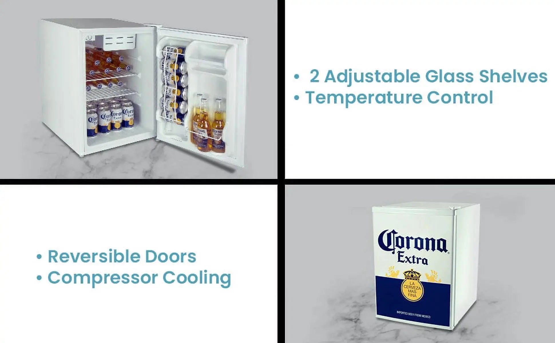 Corona Mini Beer Fridge with Freezer, 2.4 Cu. Ft, 70 L for Frozen Meals, Beverages, White Blue | Fridge.com