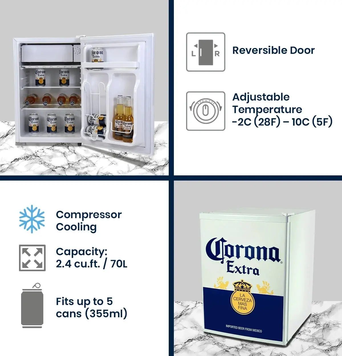 Corona Mini Beer Fridge with Freezer, 2.4 Cu. Ft, 70 L for Frozen Meals, Beverages, White Blue | Fridge.com