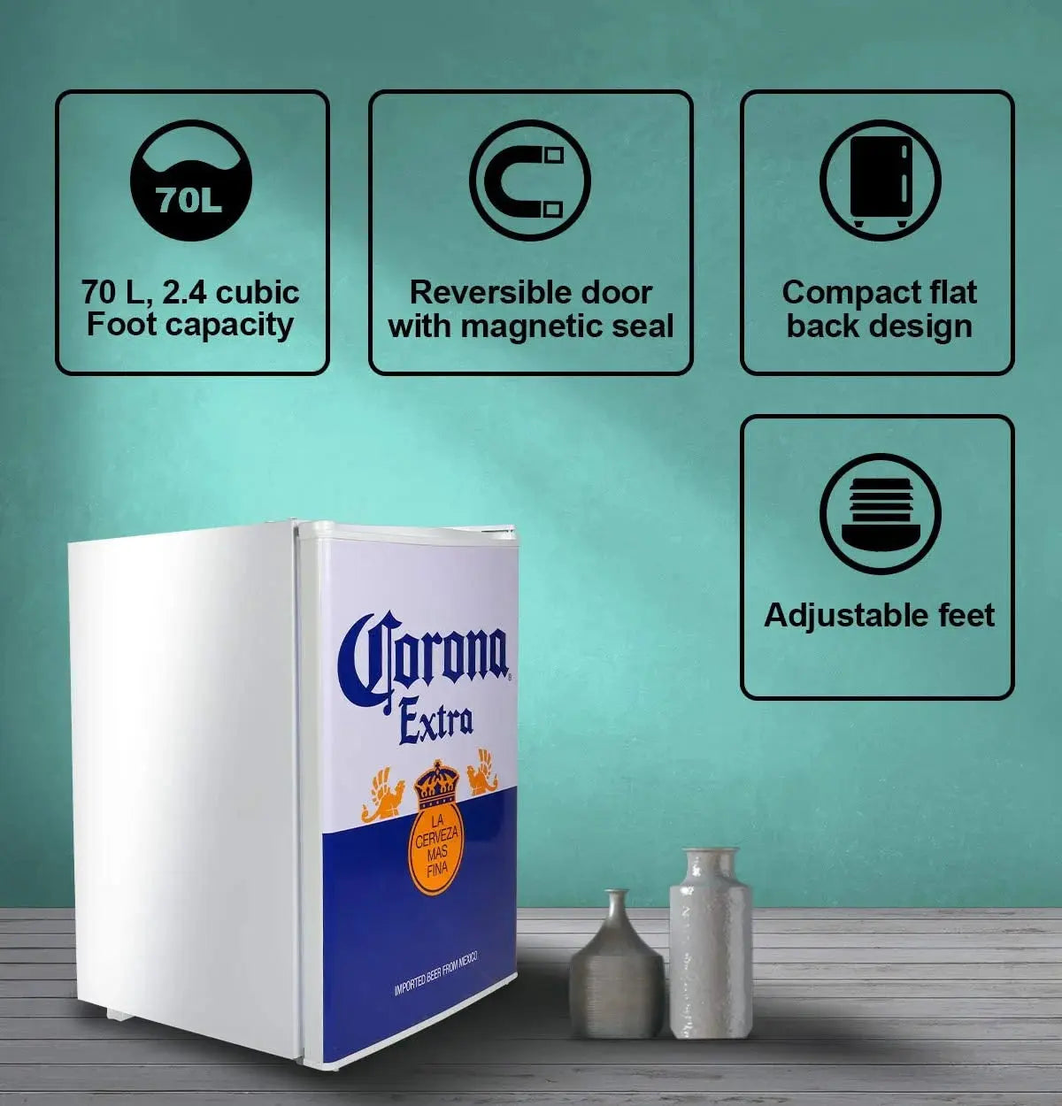 Corona Mini Beer Fridge with Freezer, 2.4 Cu. Ft, 70 L for Frozen Meals, Beverages, White Blue | Fridge.com