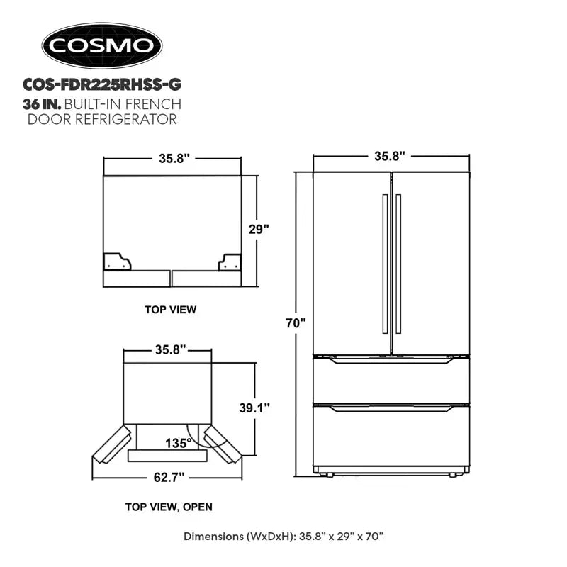 Cosmo 36" 22.5 Cubic Feet Energy Star Smudge-Resistant French Door Refrigerator | Fridge.com